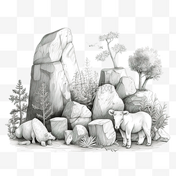动植物图片_岩石石头卡通铅笔画风格花园里的