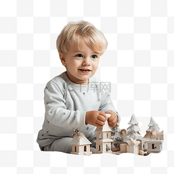 小男孩在圣诞树附近的家里玩玩具