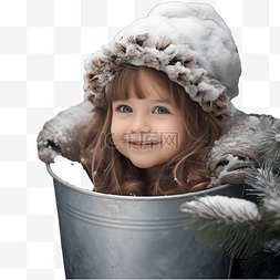 雪中女孩图片_冬日森林盆栽中圣诞树附近小女孩