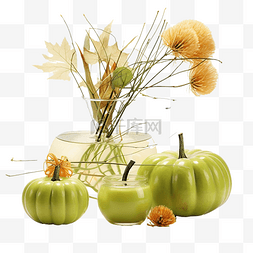 花卉静物图片_静物与南瓜玻璃花瓶与续断和青苹