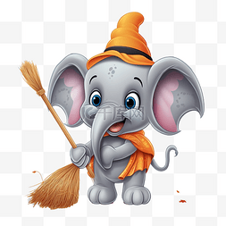 大象插画图片_拿着扫帚的大象的万圣节插图