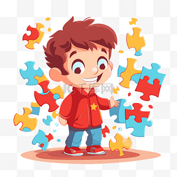自闭症剪贴画可爱的小男孩玩拼图