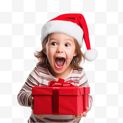 圣诞节打开礼盒图片_戴着圣诞老人帽子的小女孩打开圣