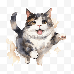 一只胖乎乎的猫的水彩画，有黑白