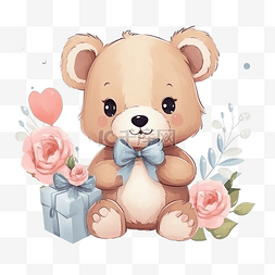 可爱的小熊，带着礼物鲜花和气球