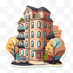 树木贴纸图片_带有树木剪贴画的公寓楼贴纸 向