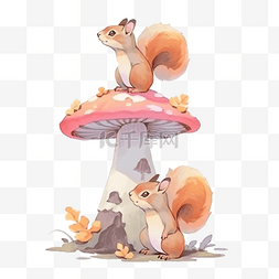 秋季彩色图片_秋季彩色蘑菇上松鼠的水彩画