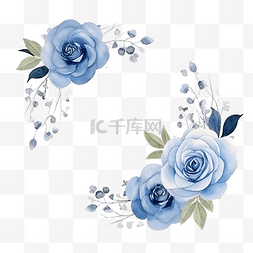 分支手绘图片_水彩蓝玫瑰花框插画