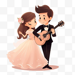 卡通漂亮的裙子图片_可爱卡通漂亮新娘新郎情侣弹吉他