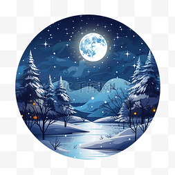 森林雪景插画图片_圣诞快乐冬季圣诞节与下雪的满月