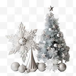 圣诞组合物，木制的银色圣诞树和