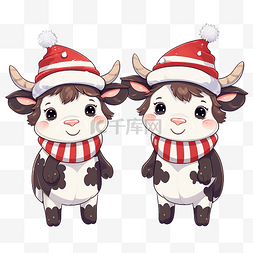 两只奶牛图片_两只穿着圣诞服装拿着雪花的卡通