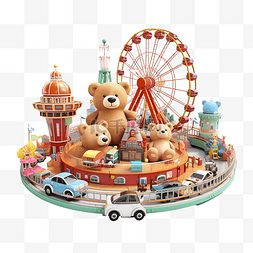 线条摩天轮装饰图片_3d 游乐园概念与电动碰撞车泰迪熊