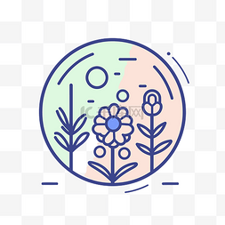 花园和月亮中的花朵的线条符号 