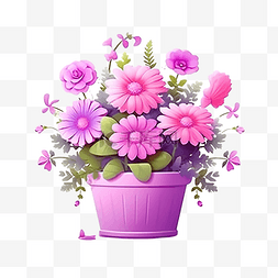 装饰盆图片_紫色盆中的粉色花朵，现实风格的