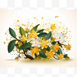 茉莉花剪纸图片_有叶子和喷雾剂的黄色茉莉花