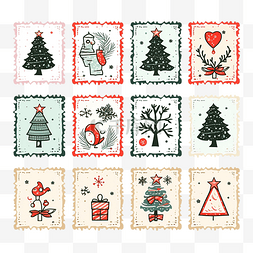 可爱邮票图片_圣诞可爱邮票套装，上面印有节日
