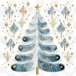 海报圣诞节蓝色图片_圣诞图案与金色玩具杉树时尚圣诞