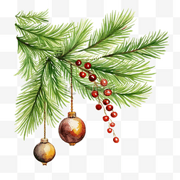 圣诞饰品图片_水彩圣诞树枝与圣诞饰品