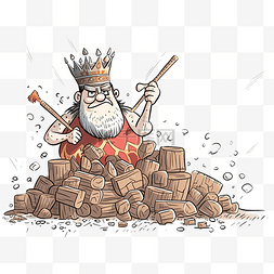 愤怒的国王站在一堆切碎的柴火上