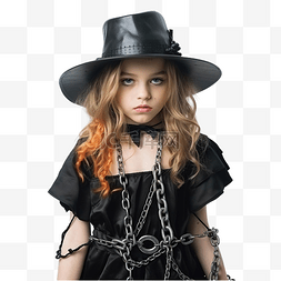 时尚中黑图片_穿着女巫服装的万圣节女孩被锁在