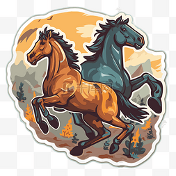 沙漠中两匹马的贴纸剪贴画 向量