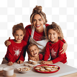 红色家庭图片_母亲和她的孩子们穿着圣诞老人的