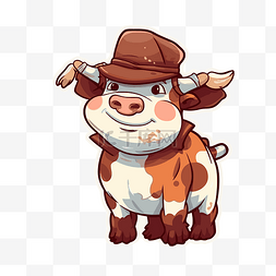 奶牛棕色图片_戴着帽子的卡通棕色奶牛矢量图