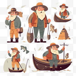 插图哺乳图片_渔夫剪贴画套装包括许多渔夫和船