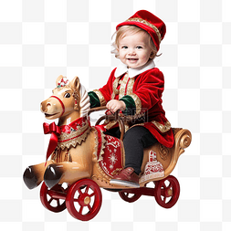 圣诞老人和小孩子图片_穿着圣诞老人服装的小男孩骑着摇