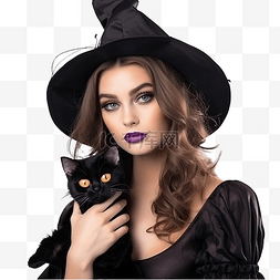 戴着典型女巫帽子的年轻女巫拿着
