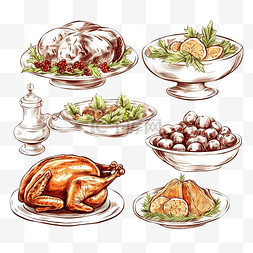 古酒图片_圣诞传统晚餐菜单素描插图套菜