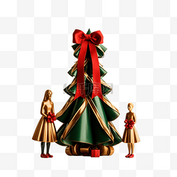 家人用丝带和灯装饰他们的圣诞树