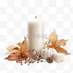 感恩节装饰，白色蜡烛和丝绸落叶
