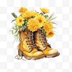 水彩黄色靴子与花朵