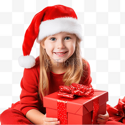 抱着礼盒的人图片_戴着红色圣诞帽扎着辫子的女孩坐