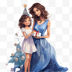 孩子们和妈妈图片_圣诞树附近和妈妈一起穿裙子的女