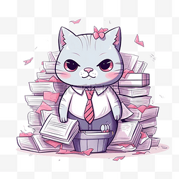可爱的猫雇主的数字插图与一堆纸