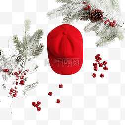 圣诞红帽子和白冷杉树枝和雪花