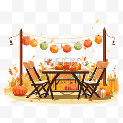 餐厅用餐卡通图片_后院派对上感恩节快乐餐桌的插图