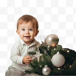 男孩礼物图片_室内装饰着圣诞树的小男孩