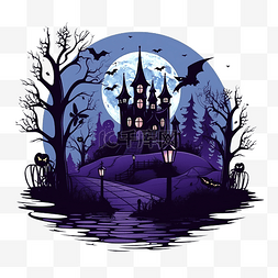 月亮矢量插画图片_快乐的万圣节贺卡与闹鬼的城堡在