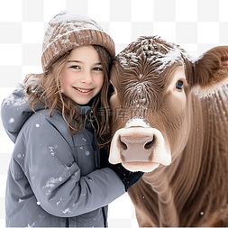 在白色圣诞农场与小公牛合影的女