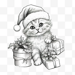 宠物猫素描图片_可爱的猫在圣诞礼物上方玩耍，戴