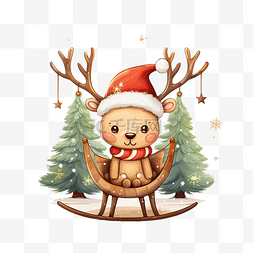 可爱的圣诞节，圣诞树驯鹿坐在雪