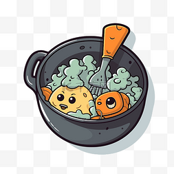 卡通鱼在锅和碗或碗里烹饪 向量