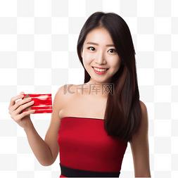 女孩拿包图片_手里拿着信用卡的美丽快乐的亚洲