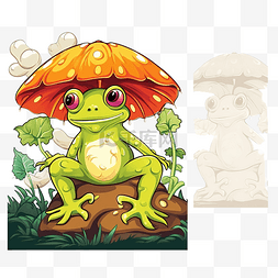 青蛙坐在蘑菇上躲避烈日的卡通片