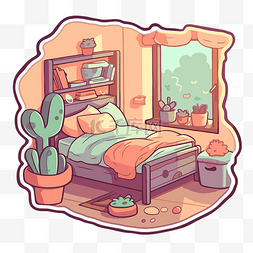 卡通卧室配有床和带窗户的植物 