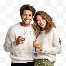 穿着喜服的情侣图片_圣诞节概念 穿着毛衣的快乐年轻